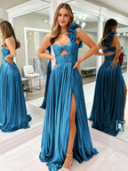 Wallis | A-Line Fuchsia One Shoulder Keyhole Pleated Metallic Prom Dress with Slit