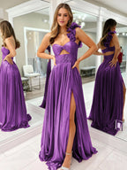Wallis | A-Line Fuchsia One Shoulder Keyhole Pleated Metallic Prom Dress with Slit