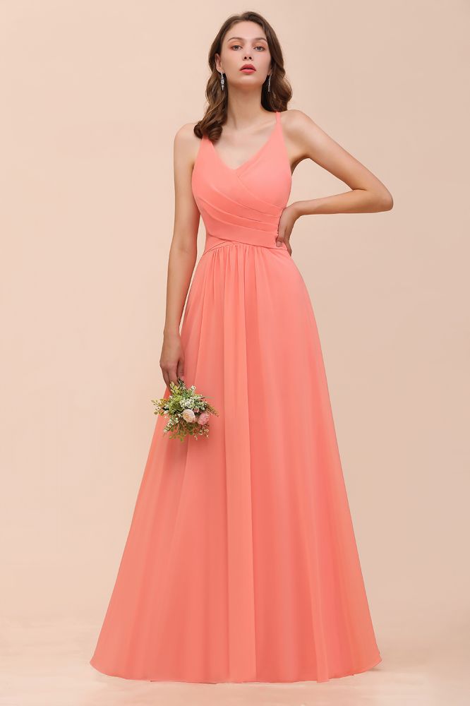 Vestido largo de dama de honor con escote en V y largo hasta el suelo en color sandía