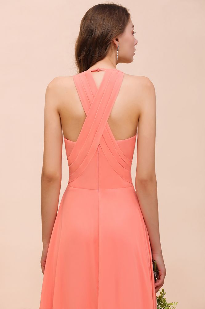 Vestido largo de dama de honor con escote en V y largo hasta el suelo en color sandía