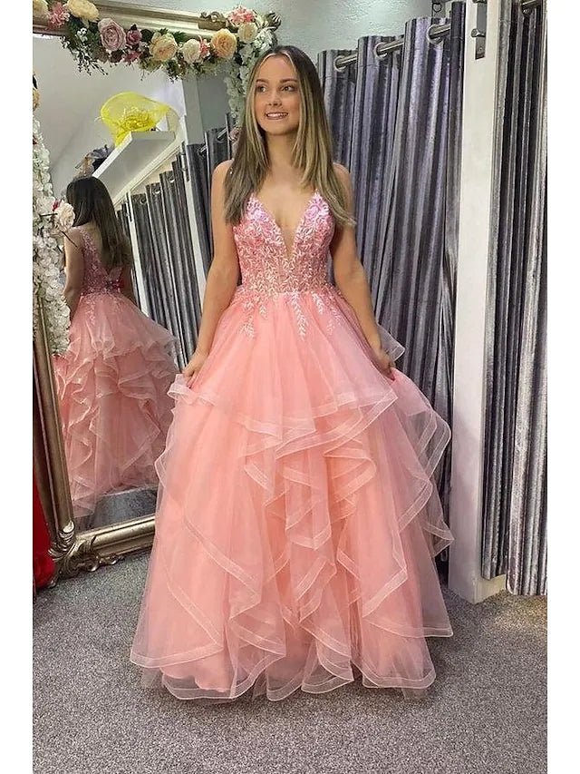 Nanalia | A-Linien-Ballkleid, Prinzessinnenkleid, formell, bodenlang, ärmellos, V-Ausschnitt, Tüll, rückenfrei, mit Faltenapplikationen
