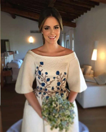 Wedding Dresses Bateau Embroidery Romantic Half Sleeve Bridal Gown  WD483