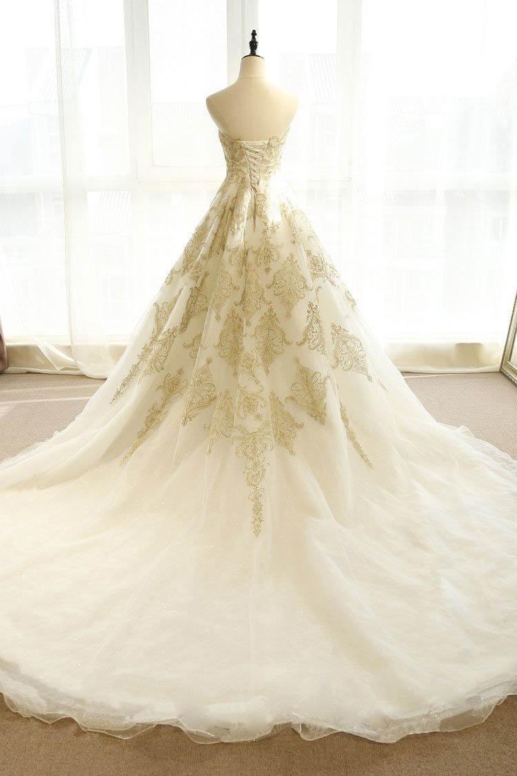 Wedding Dresses Ivory Gold Appliques Sweep/Brush Train Bridal Gown   WD430