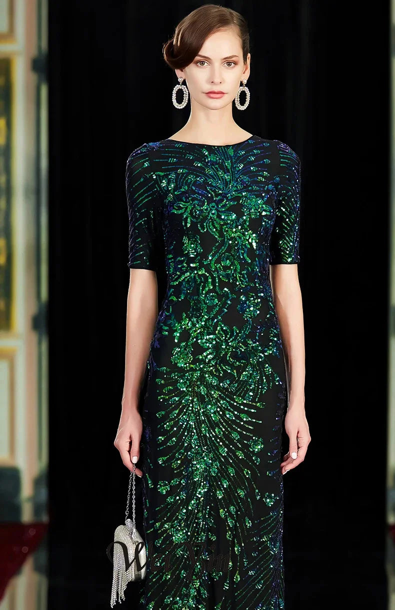 Sparkle Sexy Mermaid Evening Dresses Long Sequined O-Neck Green Evening Gowns For Party Vestidos Largos Fiesta-payinti