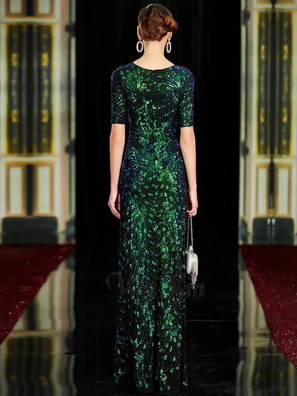 Sparkle Sexy Mermaid Evening Dresses Long Sequined O-Neck Green Evening Gowns For Party Vestidos Largos Fiesta-payinti