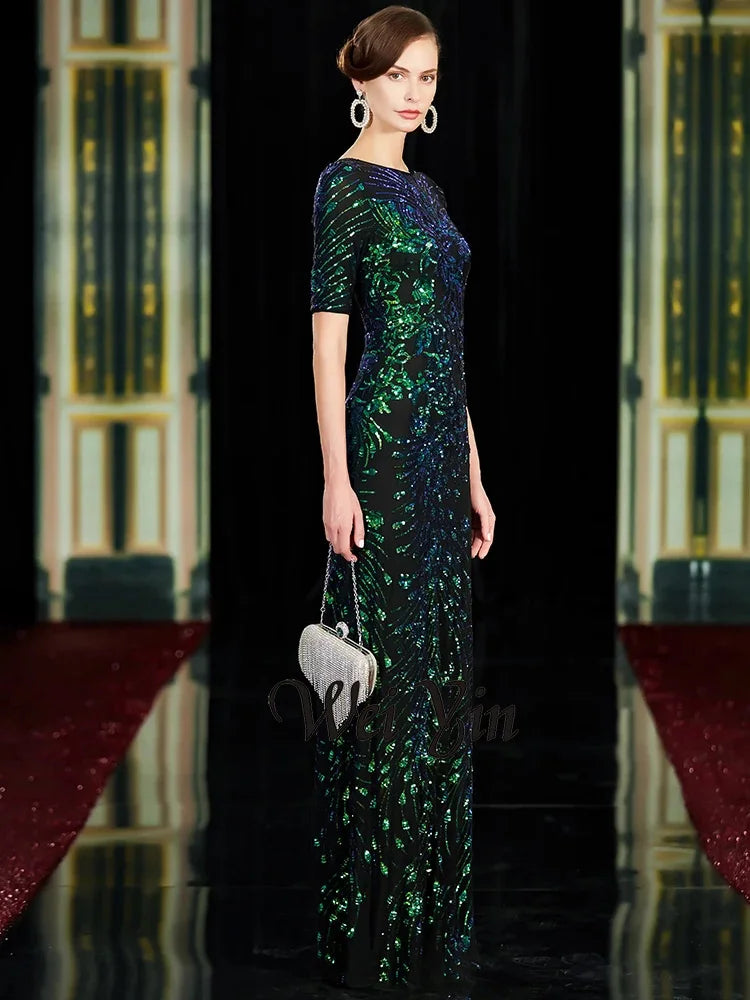 Sparkle Sexy Mermaid Evening Dresses Long Sequined O-Neck Green Evening Gowns For Party Vestidos Largos Fiesta-payinti