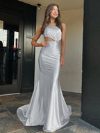 Welsie | Vestido de fiesta largo de satén estilo sirena con un solo hombro color champán
