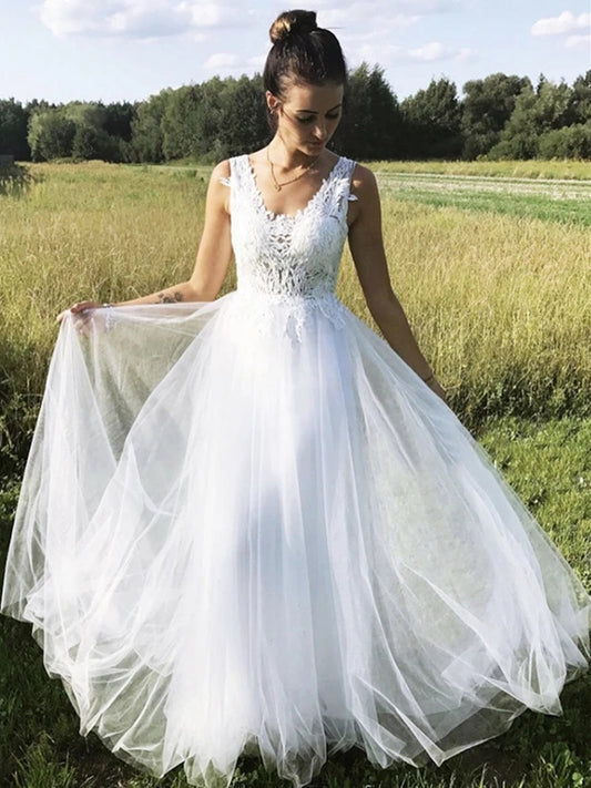 White A Line V Neck Tulle Long Lace Prom Formal Evening Dresses