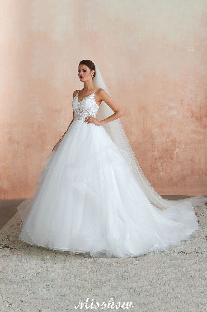 Weißes Ballkleid-Brautkleid mit Kapellenschleppe, durchsichtige Spaghettiträger und Schnürung zum Verkauf