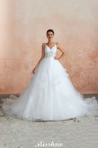 Weißes Ballkleid-Brautkleid mit Kapellenschleppe, durchsichtige Spaghettiträger und Schnürung zum Verkauf