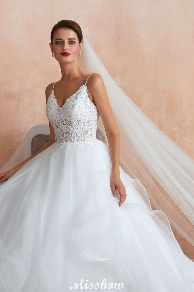Weißes Ballkleid-Brautkleid mit Kapellenschleppe, durchsichtige Spaghettiträger und Schnürung zum Verkauf