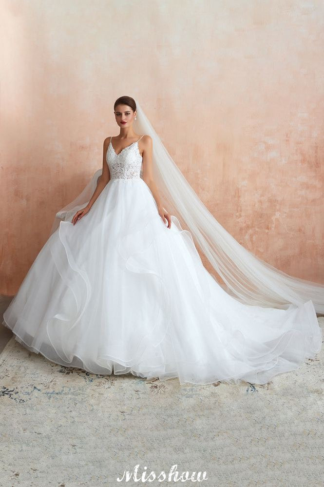 Weißes Ballkleid-Brautkleid mit Kapellenschleppe, durchsichtige Spaghettiträger und Schnürung zum Verkauf