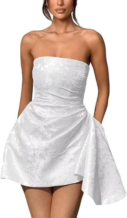 A-Linie, trägerlos, ärmellos, kurzes Heimkehrkleid, Jacquard-Satin, asymmetrisch, Partykleider mit Schnürung