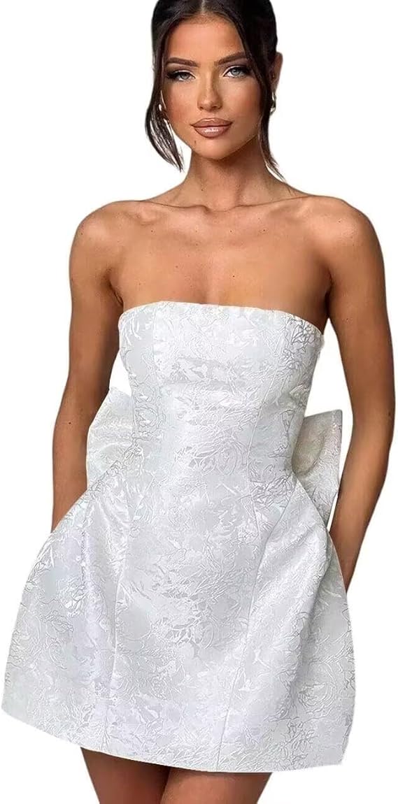 Trägerloses, kurzes Ballkleid für den Heimkehr, ärmelloses Partykleid aus Jacquard-Satin mit Schnürung und Schleife