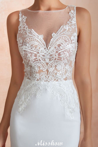 White Illusion Neck Column Wedding Dress Sleeveless Bridal Gowns