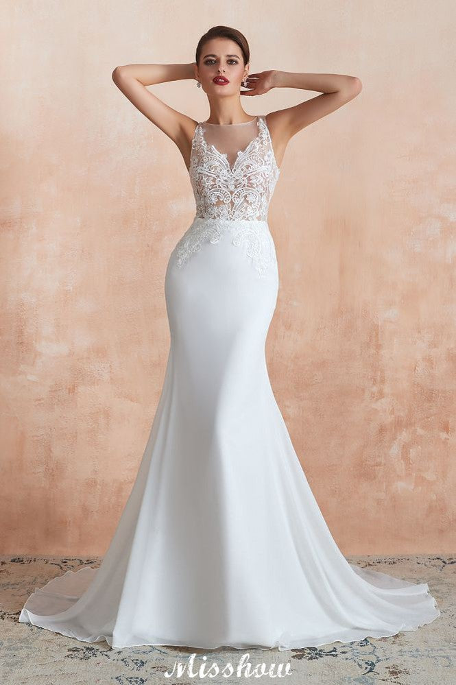 White Illusion Neck Column Wedding Dress Sleeveless Bridal Gowns