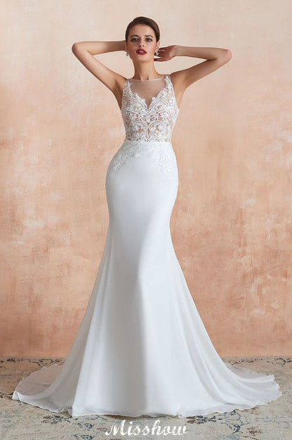 White Illusion Neck Column Wedding Dress Sleeveless Bridal Gowns