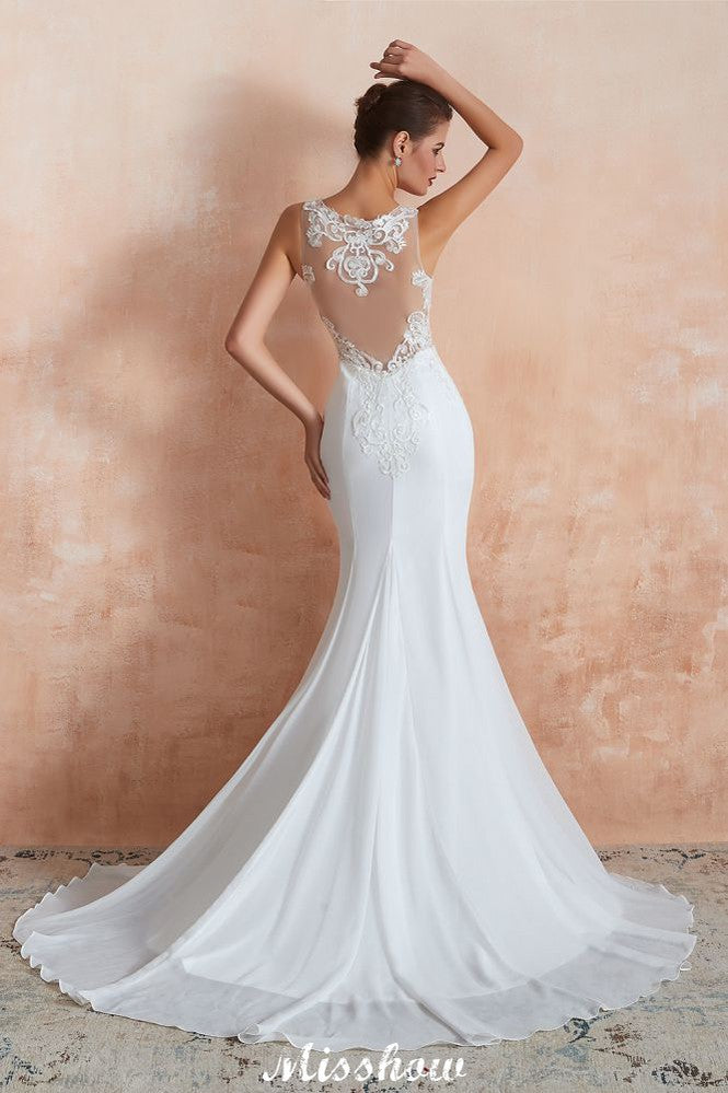 White Illusion Neck Column Wedding Dress Sleeveless Bridal Gowns