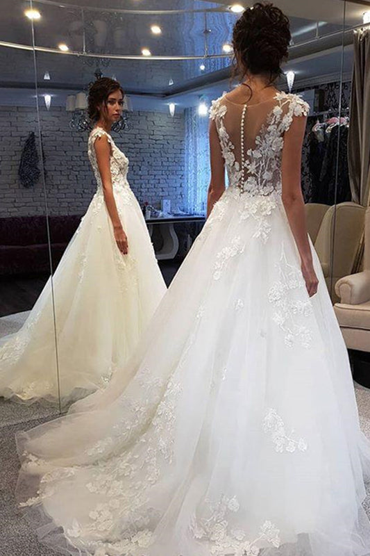 White Long A-line Tulle Lace Appiliques Wedding Dresses