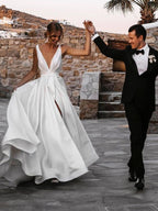 White Long A-line V-neck Satin Backless Wedding Dresses with Slit