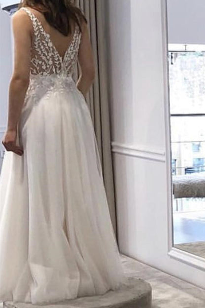 White Long A Line V Neck Tulle Backless Lace Prom Dress with Slit