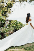 White Long Ball Gown Off The Shoulder Satin Wedding Dress