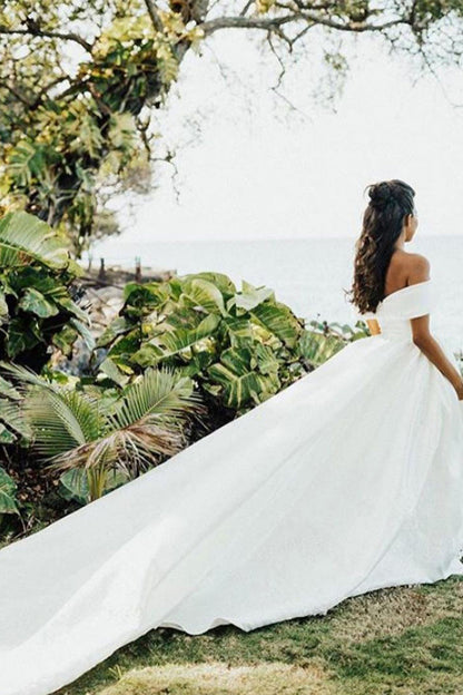 White Long Ball Gown Off The Shoulder Satin Wedding Dress