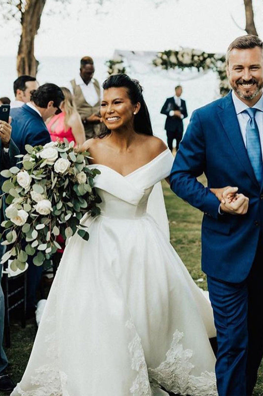 White Long Ball Gown Off The Shoulder Satin Wedding Dress