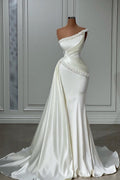 Weißes langes Meerjungfrau-Abendkleid mit One-Shoulder-Träger und Satin-Perlen