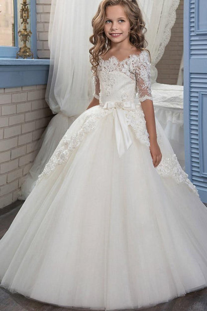 Vestido de fiesta blanco con hombros descubiertos y mangas 1/2 para niñas de flores