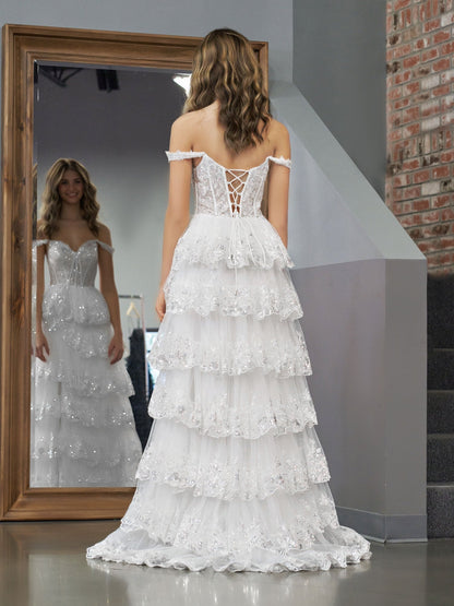 Weißes, schulterfreies A-Linien-Ballkleid im weißen Korsett-Stil mit Spitzenrüschen