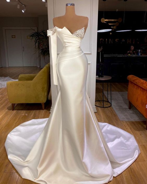 White Satin One Shoulder Long Mermaid Prom Dresses