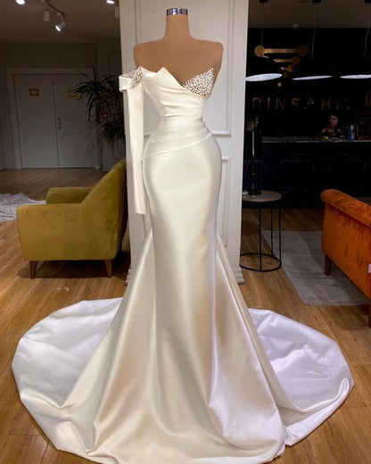 White Satin One Shoulder Long Mermaid Prom Dresses