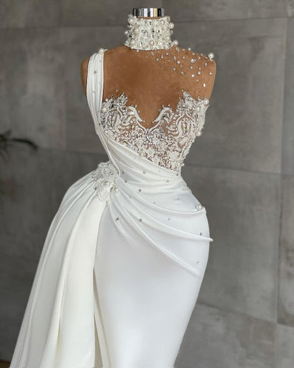 White Sleeveless Satin Beading Ruffles Mermaid Prom Dresses