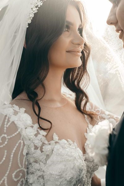 White Sweetheart A-line Long Sleeves Wedding Dress With Lace