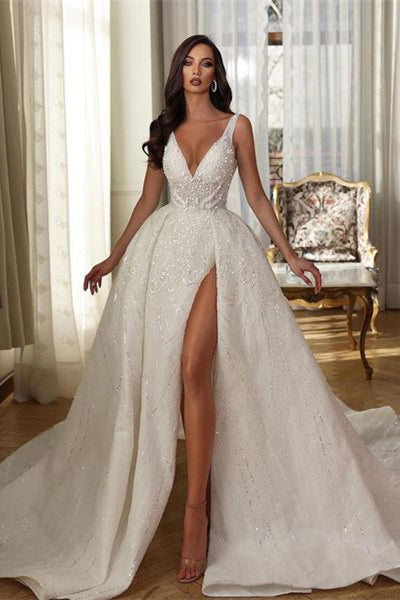 White V-neck Sleeveless Sequined Split Wedding Dress With Train