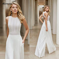 Mono de novia blanco, vestido de novia playero, cuello redondo, largo hasta el suelo, estilo bohemio, con encaje personalizado.