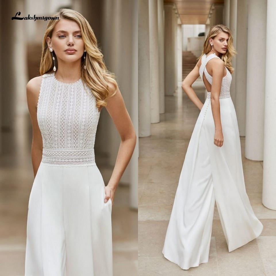 Mono de novia blanco, vestido de novia playero, cuello redondo, largo hasta el suelo, estilo bohemio, con encaje personalizado.