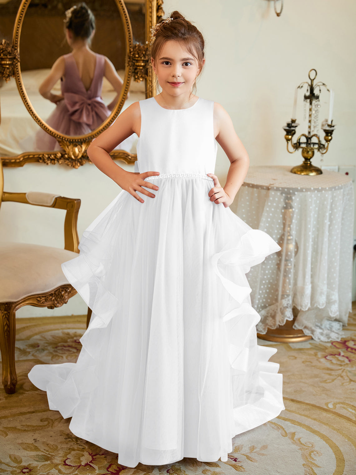 Duchesse-Linie/Princess-Linie Satin Tüll Bodenlang Blumenmädchenkleid 