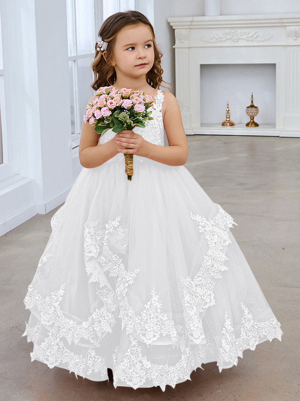 Vestido de princesa de tul sin mangas con apliques de encaje y cola larga para niñas