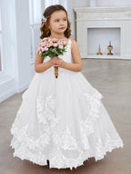 Vestido de princesa de tul sin mangas con apliques de encaje y cola larga para niñas