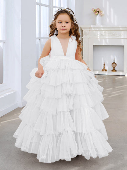Vestido de fiesta/princesa rosa perla sin mangas con lazo de tul para niña de las flores
