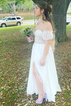 Schulterfreies A-Linien-Ballkleid aus Chiffon mit Applikationen und Schnürung 