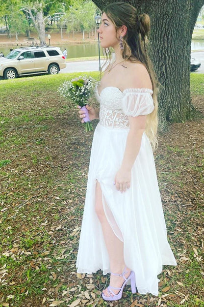 Schulterfreies A-Linien-Ballkleid aus Chiffon mit Applikationen und Schnürung 