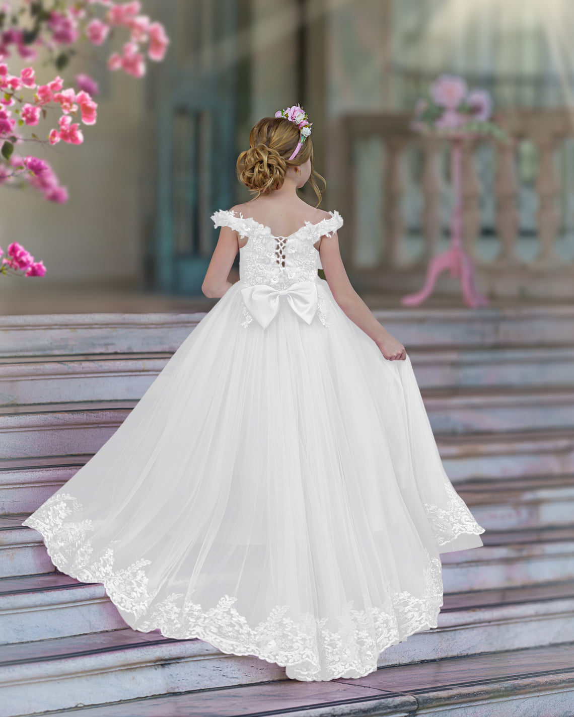 Vestido de fiesta/princesa de encaje con cola larga, color rosa, para cumpleaños
