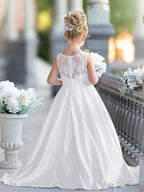 A-Linie Spitze Satin Bodenlang Erstkommunionkleid für Blumenmädchen 