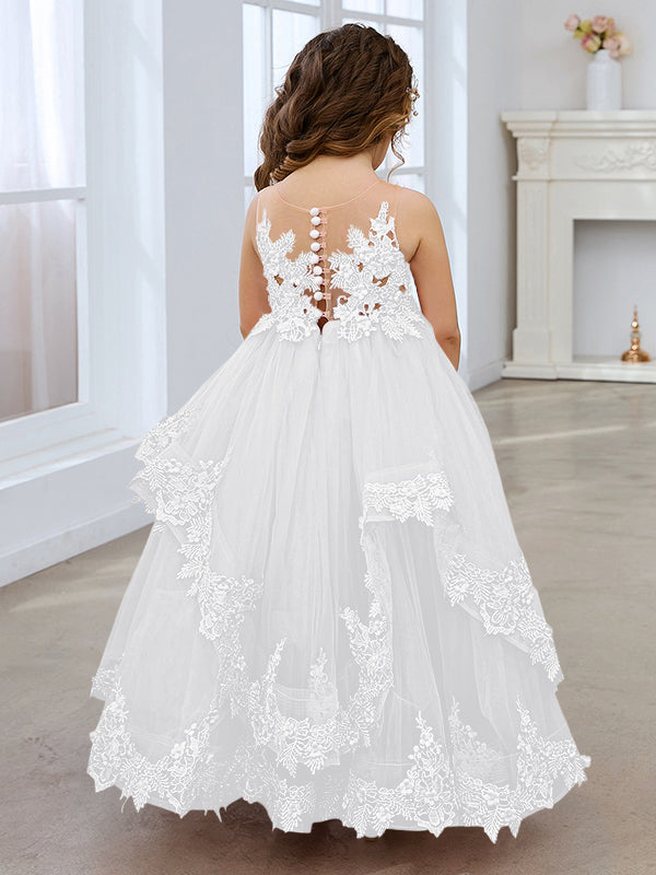 Vestido de princesa de tul sin mangas con apliques de encaje y cola larga para niñas