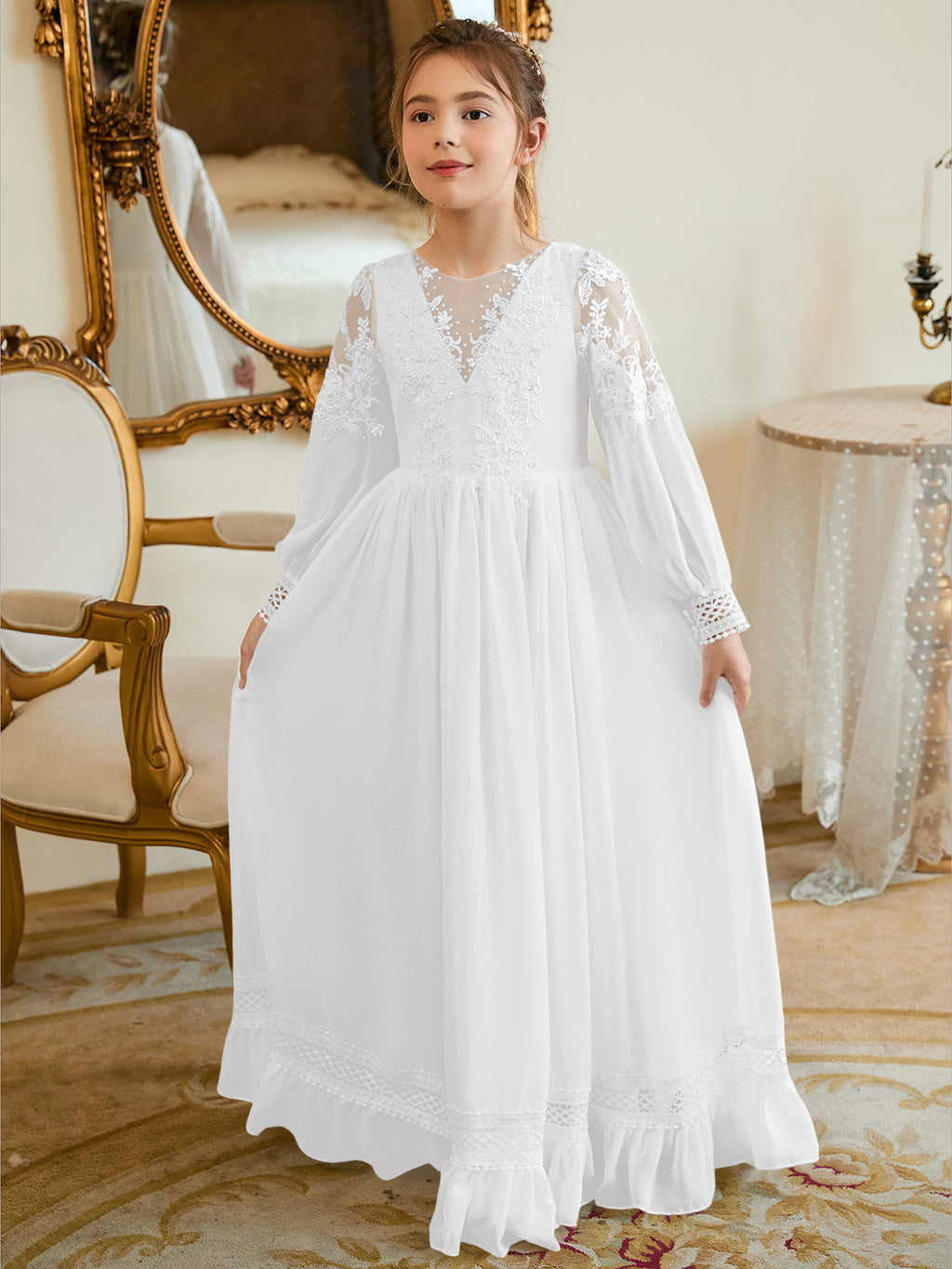 Bodenlanges Chiffon-Kleid in A-Linie und Elfenbein für die Erstkommunion 