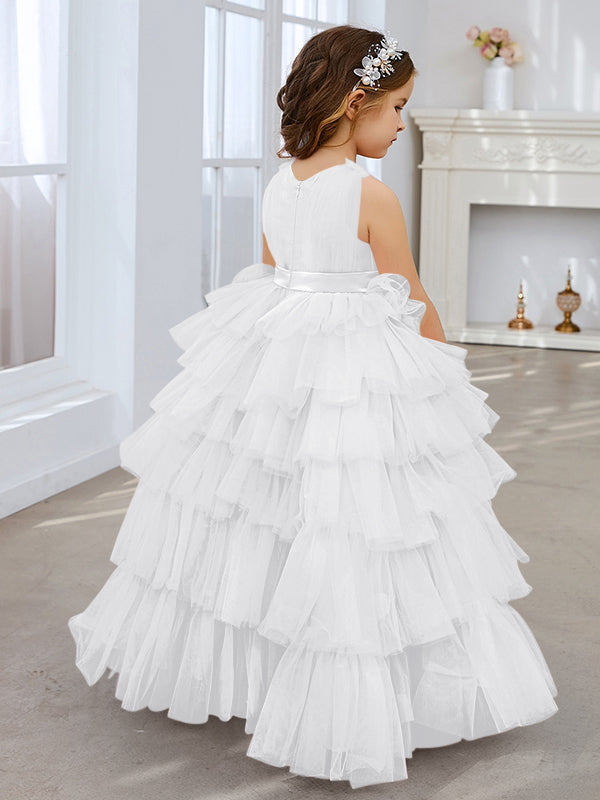 Vestido de fiesta/princesa rosa perla sin mangas con lazo de tul para niña de las flores