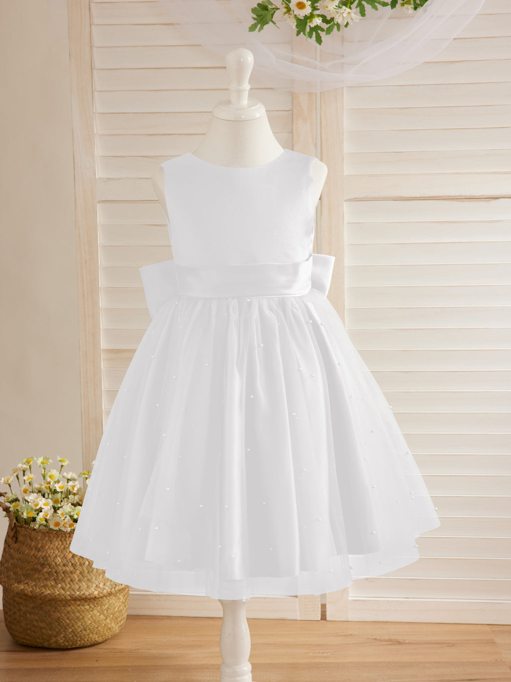 Vestido de niña de las flores de satén, tul y hasta la rodilla, estilo princesa
